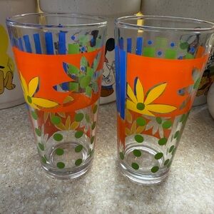 2 Vintage KIG  Multi Color 6” Glasses Tumblers Orange Blue Green Yellow Flower
